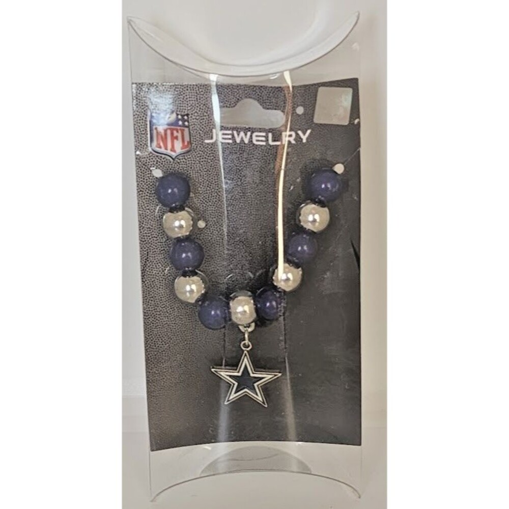 Dallas Cowboys Silver Blue Beaded Stretch Bracelet Star Charm NFL Jewelry NIP